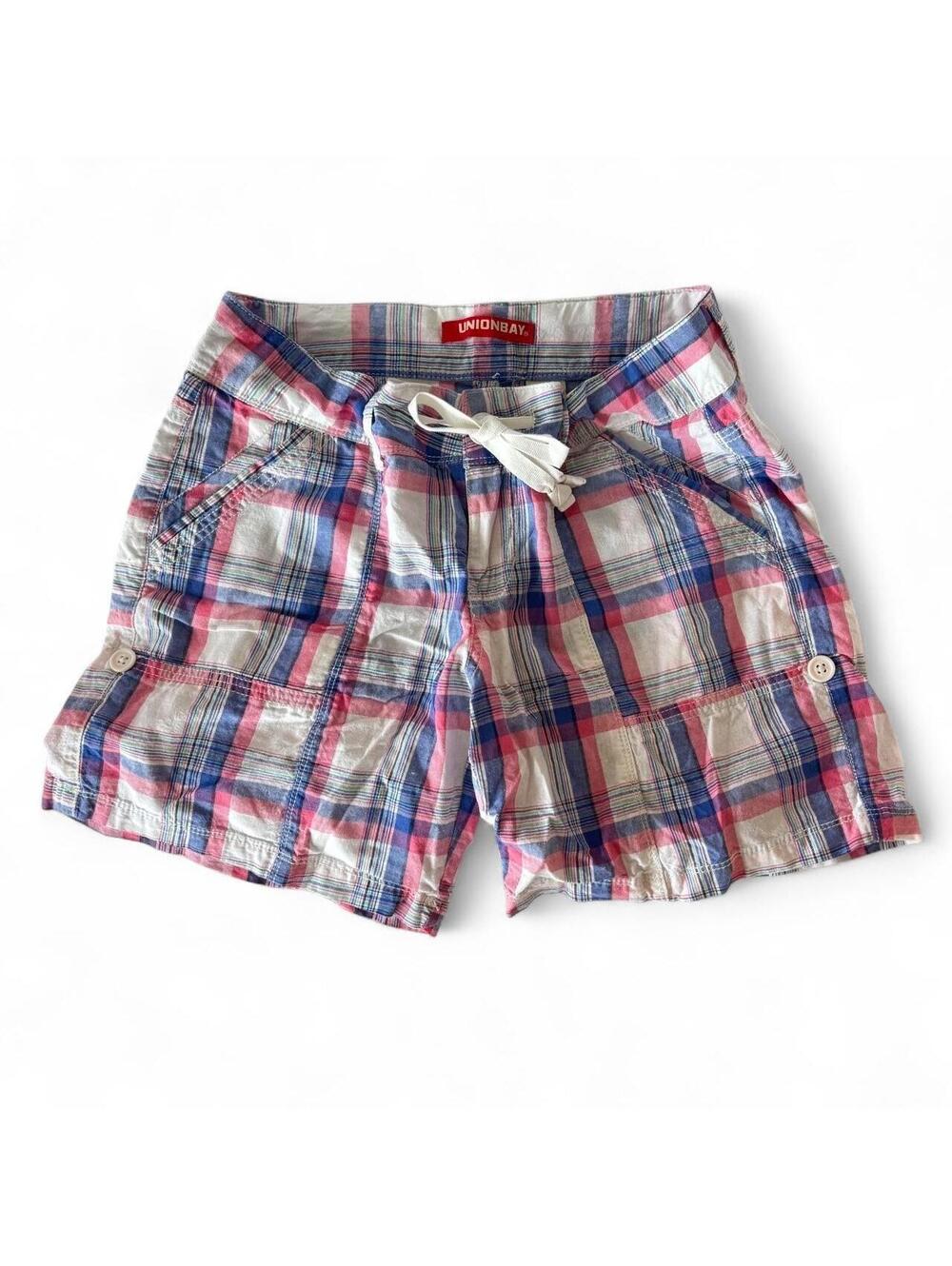 Vintage Unionbay Plaid Shorts Size 7 Pink Blue White Y2K Drawstring Casual